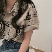 海岛计划夏威夷涂鸦衬衫，cool~韩国复古学院印花原宿短袖开衫