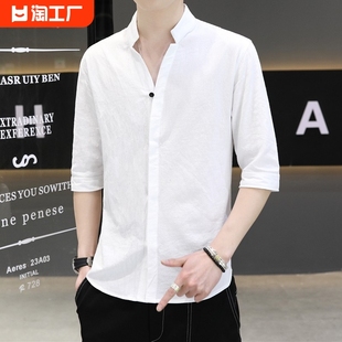 亚麻中国风衬衫男短袖立领，纯棉寸衫男士高级感白衬衣免烫2023年
