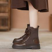 真皮马丁靴女202秋季针织，厚底短靴英伦系带，弹力显瘦瘦靴子冬