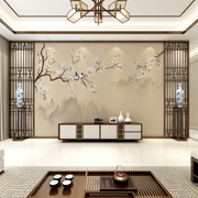 新中式山水花鸟电视背景墙，壁纸卧室床头装饰墙布，茶室素雅环保墙纸