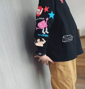 23ss儿童印花韩国男童春装长袖上衣纯棉女童秋季t恤宝宝卡通涂鸦