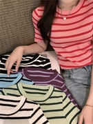 短款条纹T恤女短袖洋气夏韩版针织修身显瘦圆领撞色短装上衣