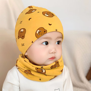 婴儿帽子围脖两件套秋冬春秋，厚款冬季宝宝纯棉，婴幼儿男童女童套装