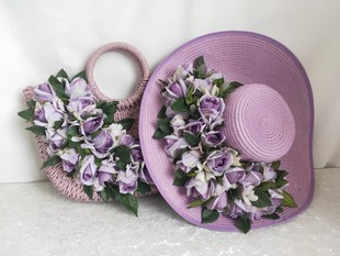 草包手提包草帽花朵套装淡紫色玫瑰女春夏度假防晒造型帽草编