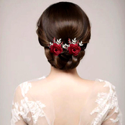 优雅韩式新娘盘发饰品红色，头花复古夹子发夹，边夹发卡花朵头饰配饰