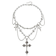 欧美跨境饰品小众设计双层高亮珍珠流苏，十字星十字架项链女百搭