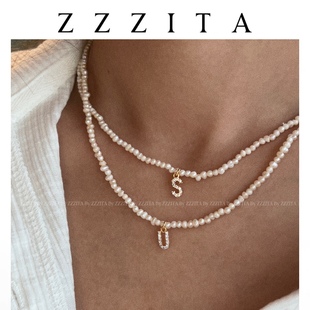 ZZZITA 定制英文字母天然淡水珍珠项链小粒珍珠纯银百搭细锁骨链