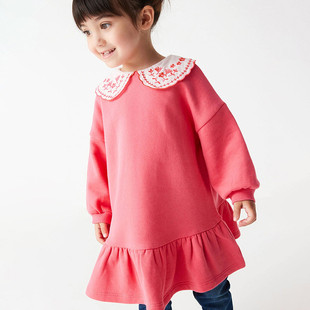 女童娃娃领长袖连衣裙宝宝，西瓜红刺绣，纯棉春秋装儿童洋气可爱裙子