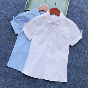 女童短袖衬衫校服纯棉2021夏季童装英伦风中大儿童蝴蝶结白色衬衣