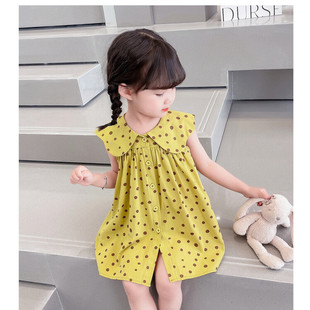 韩国女童夏装复古波点连衣裙2024洋气儿童娃娃领宝宝背心裙子