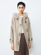 轻奢高端~气质大毛领羊毛大衣女23冬季减龄牛角扣双面呢外套