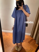 Rdodo自线 自留三色！橙色蓝色黑色真丝棉长款方领法式慵懒连衣裙