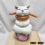 日本 匠人手工 莲花宝座打坐 猫咪 好运招福 陶瓷 精美小摆件