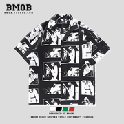 BMOB美式街头复古设计感短袖衬衫男士夏季潮牌ins嘻哈情侣装衬衣