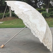 米色蕾丝刺绣花复古典奢华黑胶，二折防紫外线防晒太阳伞晴雨伞洋伞
