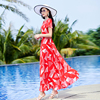 波西米亚长裙女装夏2021雪纺大摆红色收腰气质，海边度假沙滩连衣裙