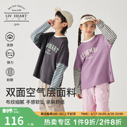 日本livheart儿童假两件插肩长袖t恤女2024女童，大童运动上衣