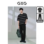 GXG男装 24夏季条纹休闲短袖T恤宽松锥形休闲长裤 休闲套装