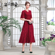 名兰世家原创设计气质红色蕾丝V领礼服裙婆婆妈妈婚宴连衣裙2