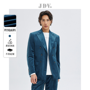 JDV男装秋季灰蓝色双排扣戗驳领通勤休闲修身丝绒西装西服外套