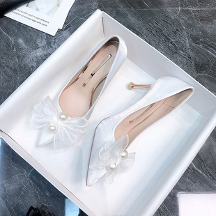 仙女风蕾丝高跟鞋蝴蝶结结婚白色婚纱鞋细跟水晶单鞋新娘婚鞋女鞋