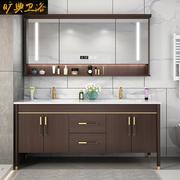 新中式橡木岩板双盆浴室柜组合洗脸洗手面盆柜实木洗漱台盆卫生间