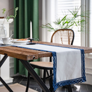 法式复古素色麻布藏青蕾丝边桌旗北欧现代餐桌茶几盖巾长方形桌垫