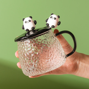 可爱熊猫耐热玻璃水杯带盖勺女生高颜值马克杯子，办公室咖啡牛奶杯