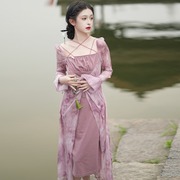 新中式国风温柔甜美淑女气质，印花针织拼接吊带雪纺连衣裙显瘦长裙
