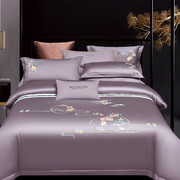 100全棉结婚庆床上被套，四件套床单式，纯棉紫色粉红色刺绣中式床品