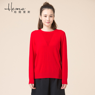 海尔曼斯秋冬女装低圆领长袖，羊毛衫针织衫毛衣纯色大红色毛衣