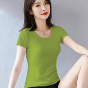 圆领韩版夏装牛油果绿t恤女短袖修身纯棉抹茶绿百搭半袖上衣
