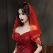 红色头纱新娘主婚纱短款头饰，秀禾服红盖头，结婚复古风蓬蓬简约领证