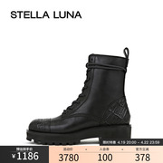 stellaluna女鞋春秋系带，粗跟短靴黑色牛皮马丁靴，齿轮鞋靴子女