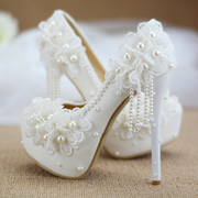 白色蕾丝婚鞋超高跟防水台单鞋细跟女婚纱拍照新娘成人礼鞋子