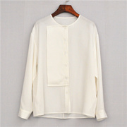 鸿思格hsg-106乳白色纯棉，面料无领设计显瘦休闲宽松长袖圆领衬衫