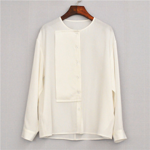鸿思格hsg-106乳白色纯棉面料，无领设计显瘦休闲宽松长袖，圆领衬衫