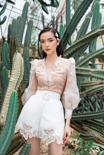 越南设计师蝴蝶镂空粉色欧根纱，长袖衬衣花边短裤气质名媛套装