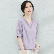 米莱依库V领镂空纯棉短袖衬衫2024年夏女士衬衣设计感小众上