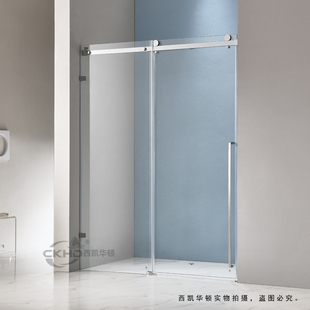 极简无框移门淋浴房无下轨不锈钢单移浴室隔断一字形整体推拉屏风