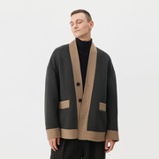 春秋双面羊绒大衣男士宽松短款简约设计拼接羊毛羊绒大衣外套男潮
