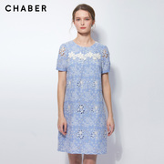 chaber巧帛商场同款连衣裙，圆领短袖蕾丝，镂空中长裙子122716