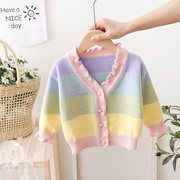 小童一岁宝宝女童木耳边彩虹，针织开衫毛衣，儿童外套女秋冬洋气时髦