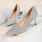2024伴娘婚纱礼服鞋，银色高跟尖头水钻单鞋少女，细跟水晶结婚鞋