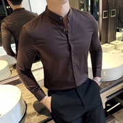 高级暗条纹圆领衬衫男长袖，新中式国风小立领，商务通勤百搭休闲衬衣
