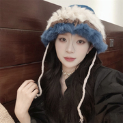 兔毛针织帽女秋冬季拼接保暖毛线帽韩版甜美可爱毛绒护耳包头帽子