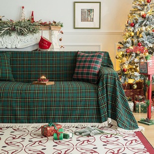 复古英伦风苏格兰格子美式圣诞绿色全包组合沙发盖布罩巾流苏桌布