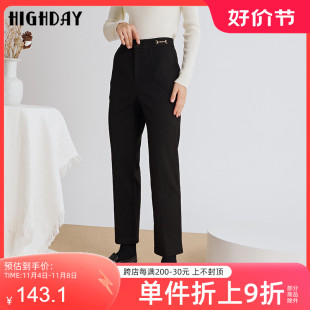highday轩日2022冬季黑色，裤子女直筒裤小众金属，链休闲长裤ins