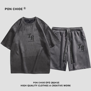 ponchioe夏季鹿皮绒短袖T恤套装男女时尚日系宽松五分裤两件套