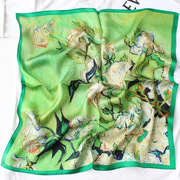 夏季绿色油画白玫瑰花素绉缎55真丝小方巾防晒桑蚕丝百搭丝巾披肩